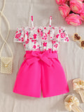 Girls' summer outfit: off-the-shoulder cami top with floral print and peach pink shorts with belt - two-piece set for export
