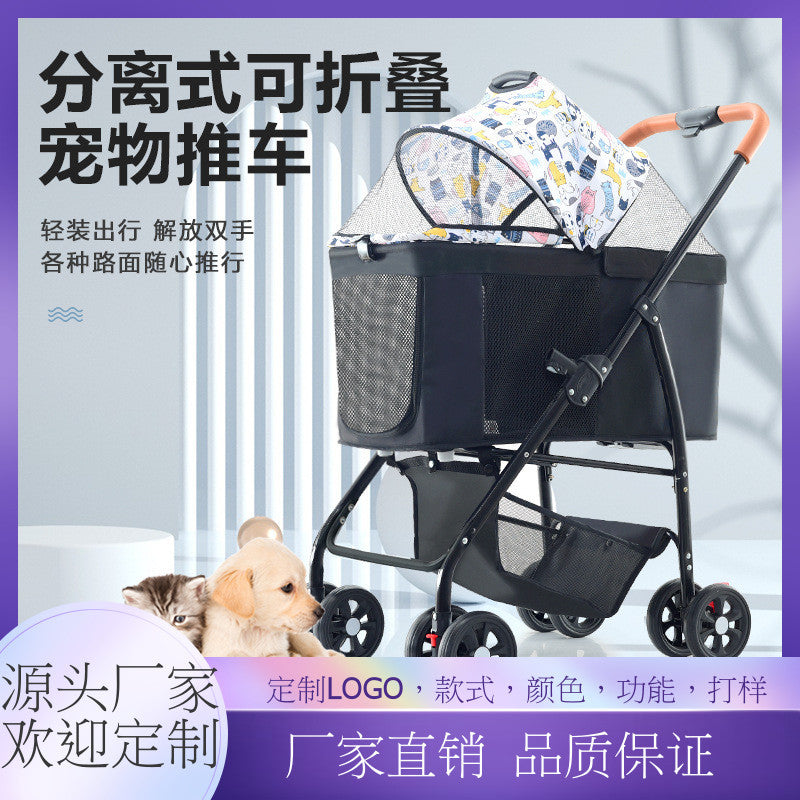 Lightweight foldable pet stroller cat dog carrier with detachable cage, portable small pet carriage with handbag and pet bed