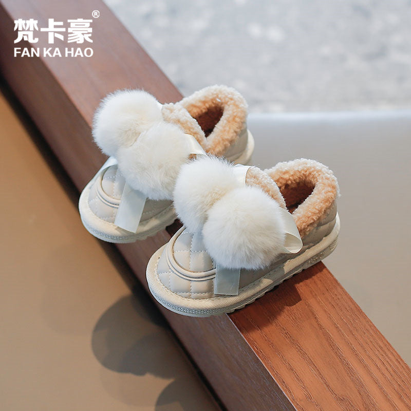 winter new arrivals: girls' fleece-lined cotton shoes - versatile bow-tie casual ankle boots for students (sizes for mid-to-large children)