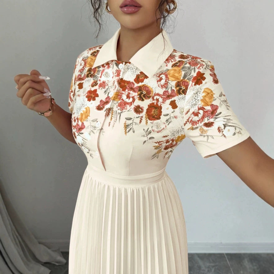 european and american new retro orange blossom patchwork shirt dress with turn-down collar, short sleeves, cinched waist, and long pleated skirt