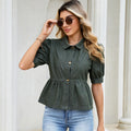 Fashion cross-border women's dark blue denim doll shirt tops lapel single-breasted puff sleeves waist rufflesshirt