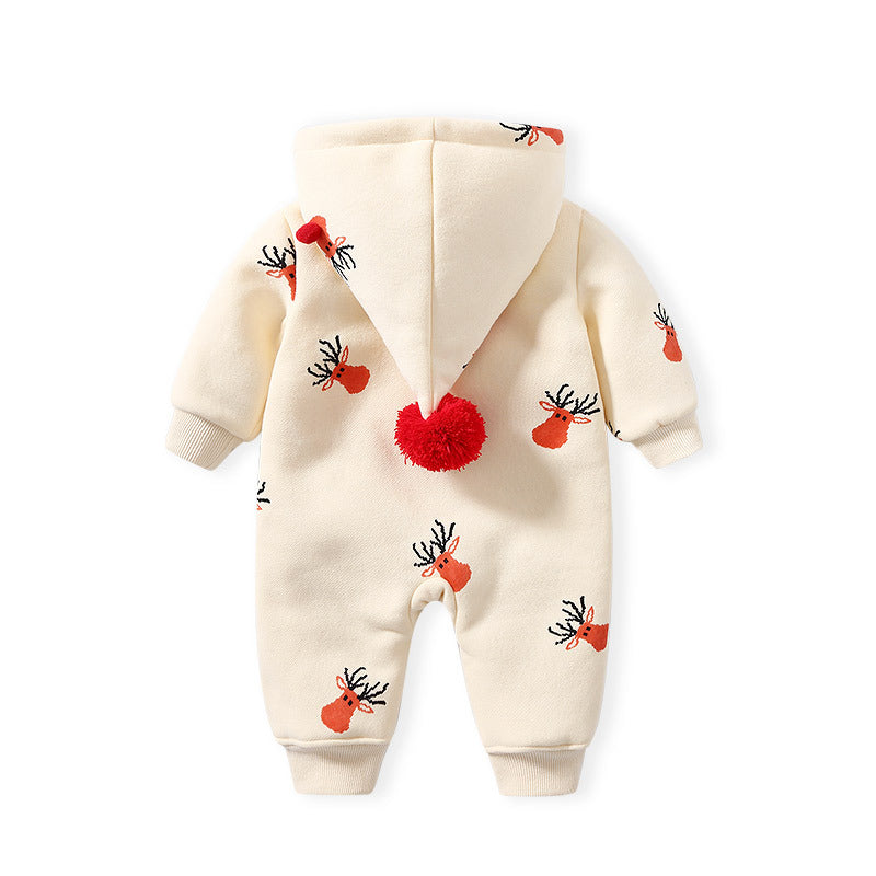 Baby fall and winter clothes jumpsuit fleece-lined men's and women's baby long sleevesheattech zipper shirt romper hooded christmas deer