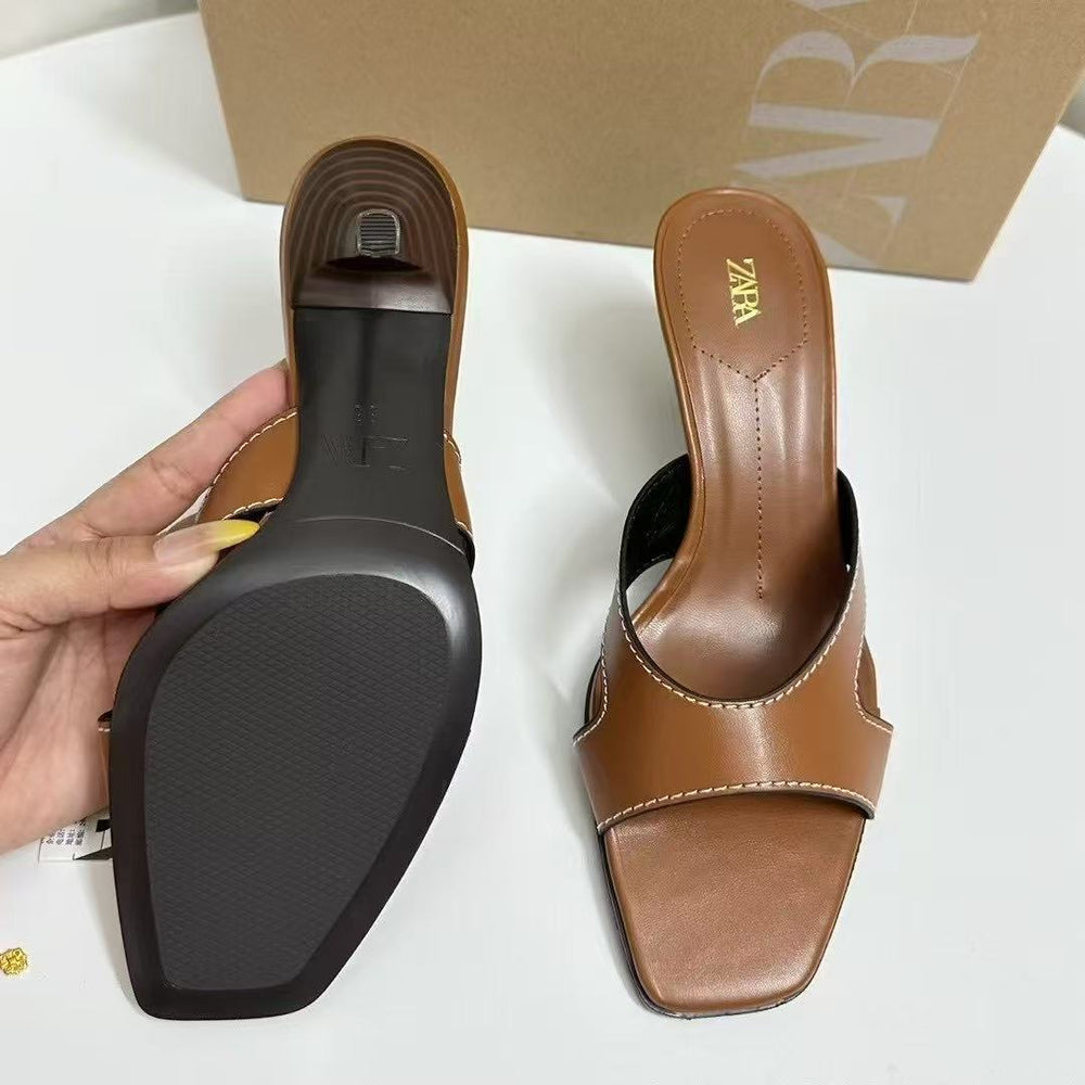 Za2025summer retro brown stitching square toe slippers stiletto heel sandals one-line drag stitching elegant