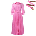 D522 women's foreign trade dress  new fashion turn-down collar long sleeve high waist elegant pleated solid color african dress