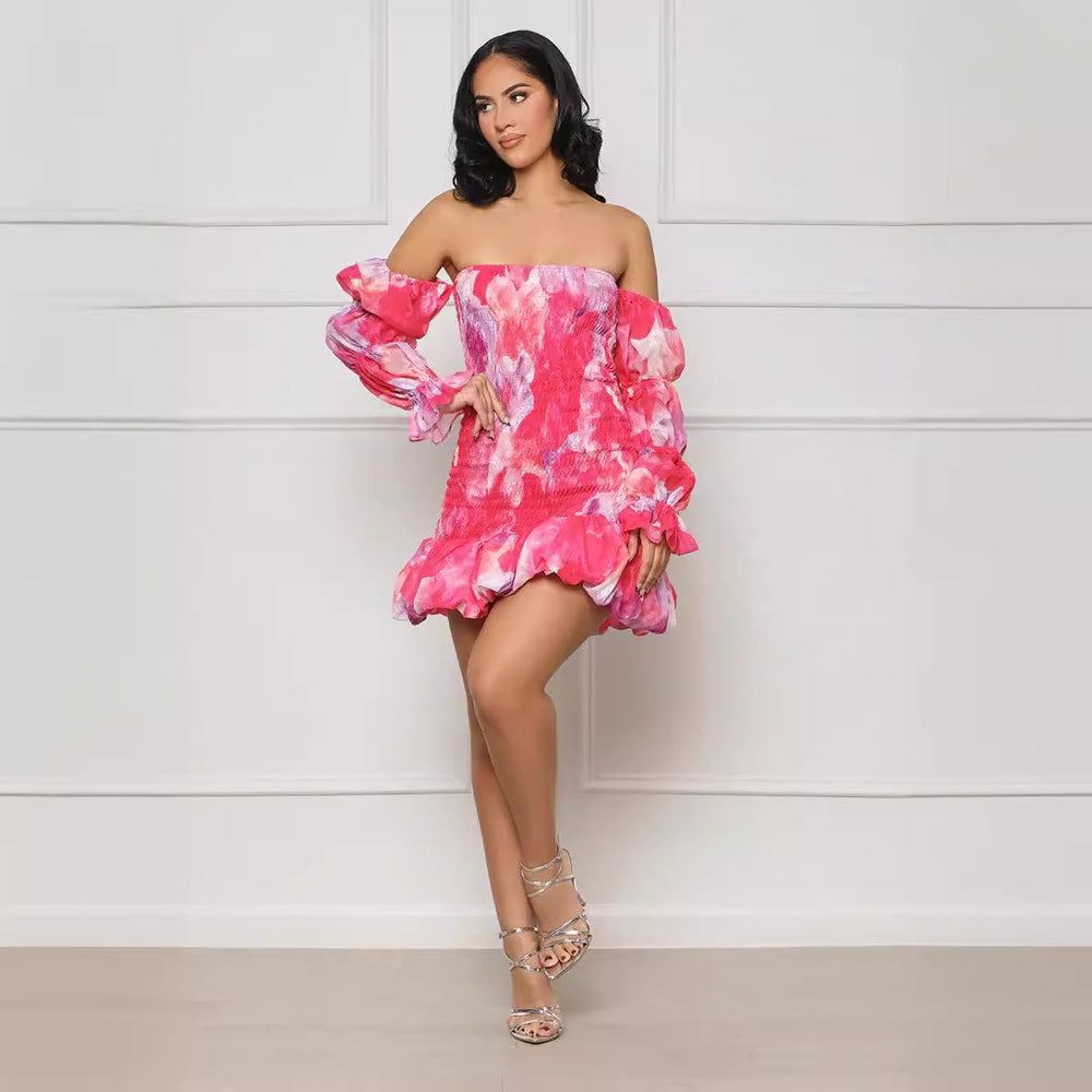 summer new arrival: ins european and american style sexy bodycon puff sleeve off-the-shoulder printed long sleeve mini dress