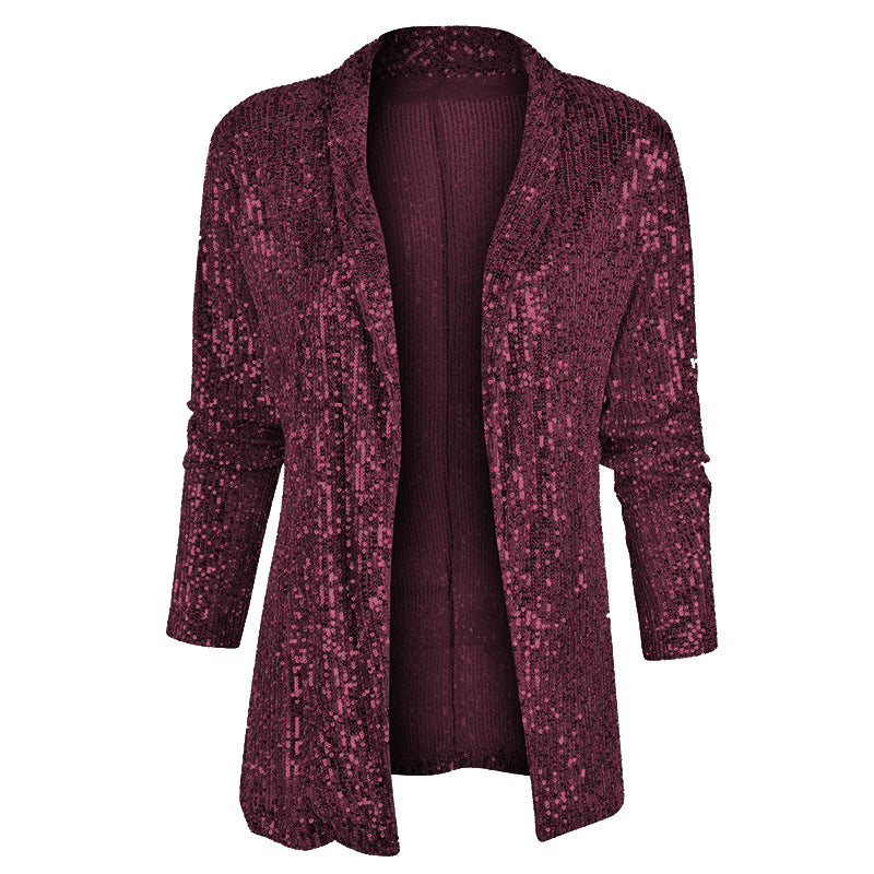 2025 spring new arrival: european and american style sequin long sleeve blazer - elegant mid-length jacket with turn-down collar, perfect for amazon