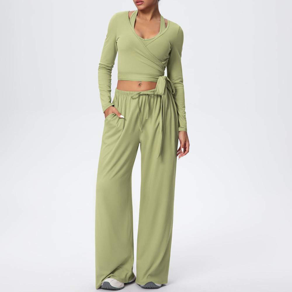 New arrival: solid color double-sided brushed fleece drawstring long-sleeve tank top three-piece set - perfect for sports, running, fitness, and yoga
