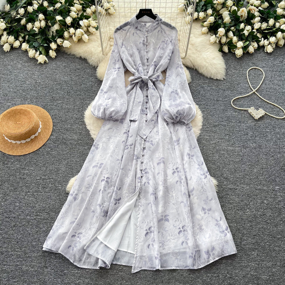Frenchromantic style lantern sleeve printingdress female k-style waist slimming look a-line long skirt work clothingelegantelegance