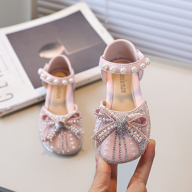 Girls' beaded bow princess shoes - new spring/autumn collection - mary jane style leather shoes for kids - soft sole, stylish dance shoes