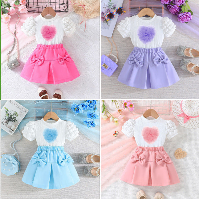 new european and american style girls' bubble sleeve top with heart-shaped bowknot skirt set - fashionable outfit