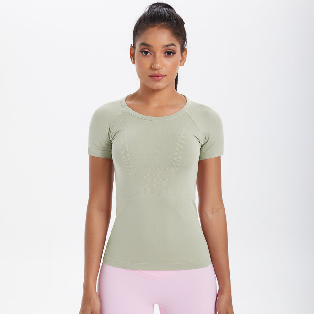 Spring/summer new one-piece knit short-sleeve crew neck sports t-shirt - running, fitness, slim-fit, breathable yoga top for women