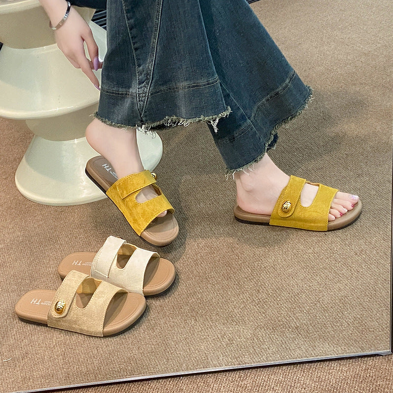 Vintage velcro sandals women's summer new flat bottom fashionable versatile one-strap travel all-match british style women's shoes
