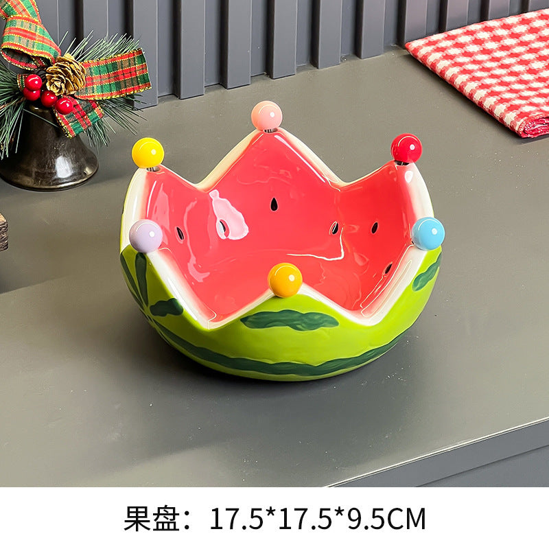 High-style, creative watermelon fruit bowl with fork set – perfect for home, living room coffee table, fruit platter, salad bowl, ceramic bowl