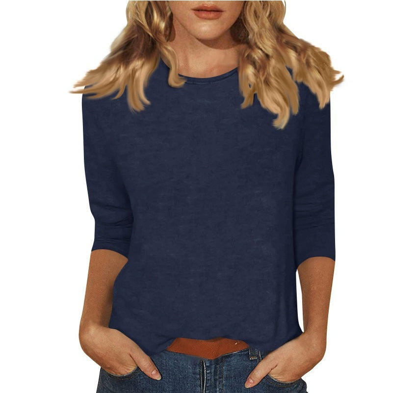 new women's crew neck t-shirt with 3/4 sleeves - solid color top for cross-border  sales