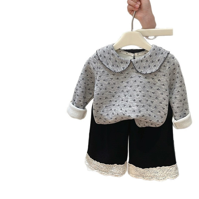 Girls' fall/winter new collection: fleece-lined floral print base layer top, perfect for early autumn outerwear. trendy autumn tops for girls, kids' clothing