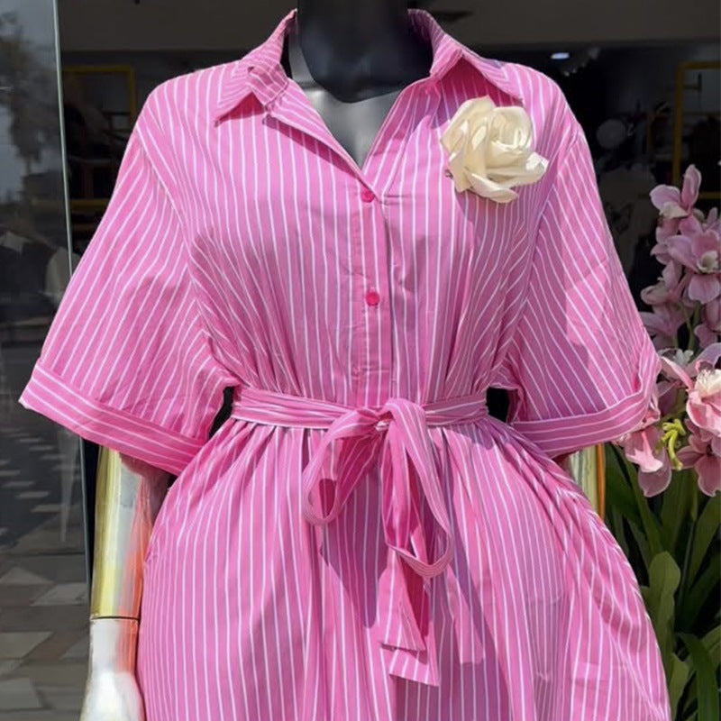 European and american cross-border women's fashion:  spring new arrival - stylish lapel tie-neck pink striped short-sleeve shirt dress