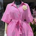 European and american cross-border women's fashion:  spring new arrival - stylish lapel tie-neck pink striped short-sleeve shirt dress