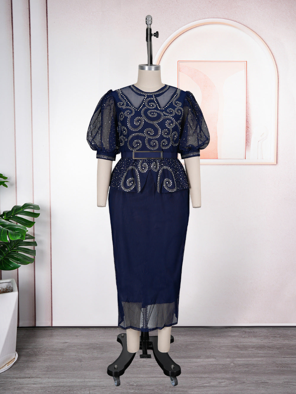 African cross-border hot seller: fashionable and chic rhinestone-embellished puff sleeve high-waisted bodycon dress - plus size women's ready-to-ship dress