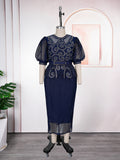 African cross-border hot seller: fashionable and chic rhinestone-embellished puff sleeve high-waisted bodycon dress - plus size women's ready-to-ship dress