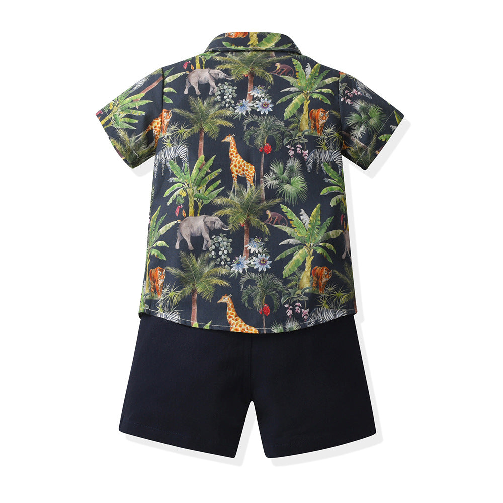 Exportnew arrival summer vacation short-sleeved hong kong style island style thin boy two-piece set boy beach suit shirt