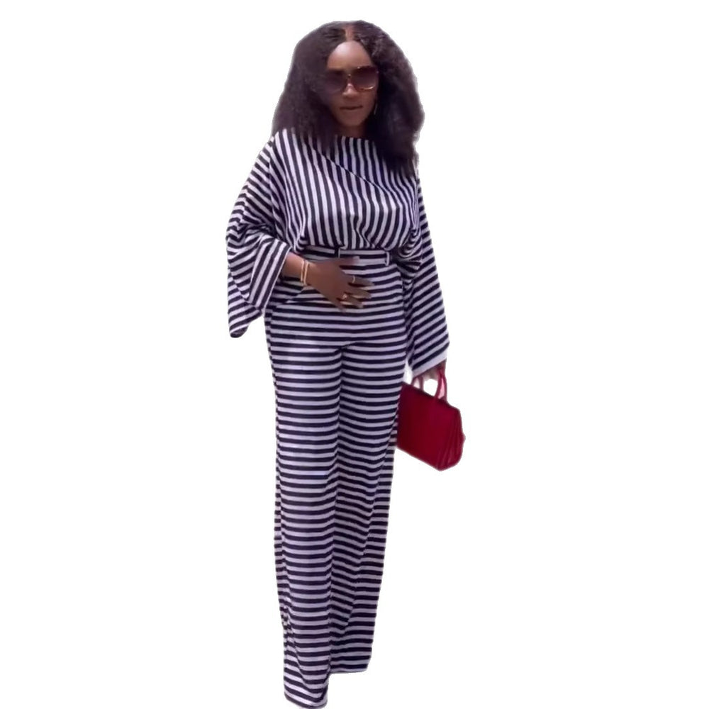 European and american cross-border african women's clothing  summer new fashion striped long sleeve top and high-waisted pants casual set
