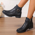 Women's ankle boots - spring, autumn, and winter collection - comfortable chunky heel, low heel, versatile belt buckle, plaid design, ladies' leather boots