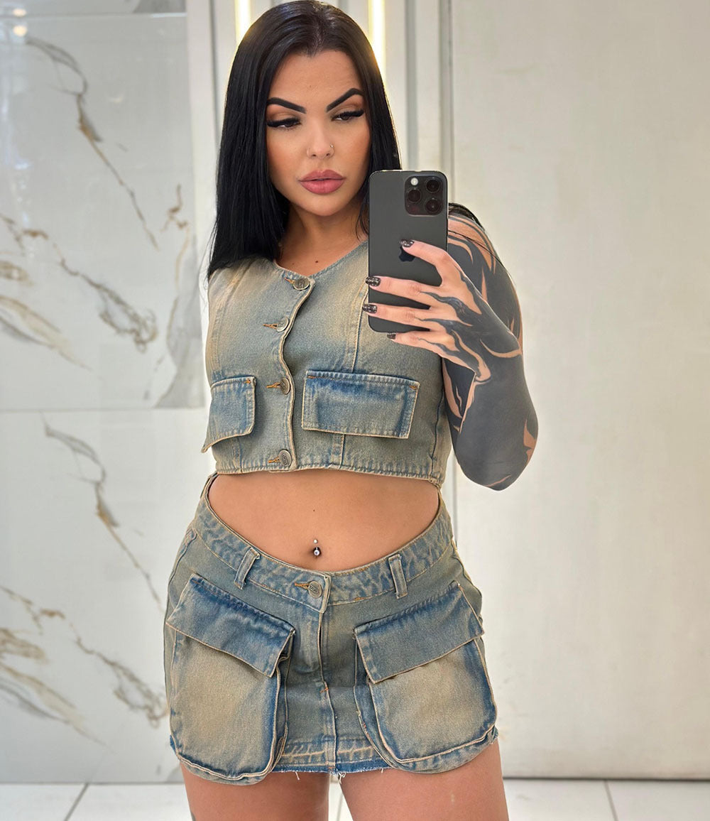 European and american style denim skirt suit  cross-border women's clothing short sleeveless vest vest raw edge flap pocket pants short skirt