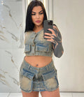 European and american style denim skirt suit  cross-border women's clothing short sleeveless vest vest raw edge flap pocket pants short skirt
