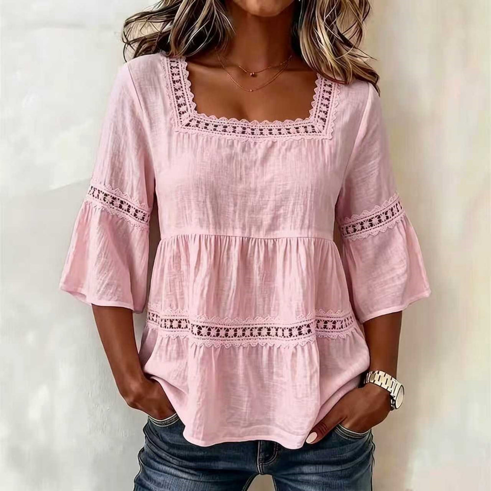 cross-border  summer solid color casual square neck cotton linen lace trimmed three-quarter sleeve top for women