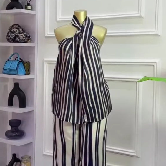 European and american cross-border women's fashion:  summer new collection - striped halter neck sleeveless top & wide leg pants casual set