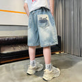 Boys' denim shorts, summer lightweight style, for older boys and teens. trendy, street-style, cool and edgy summer shorts for kids, loose fit