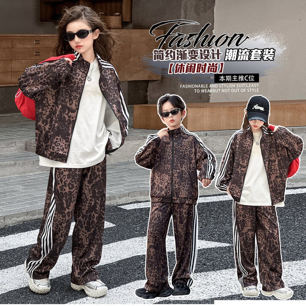Boys' and girls'  new fashion leopard print spring/autumn casual set - trendy cardigan two-piece outfit for older kids
