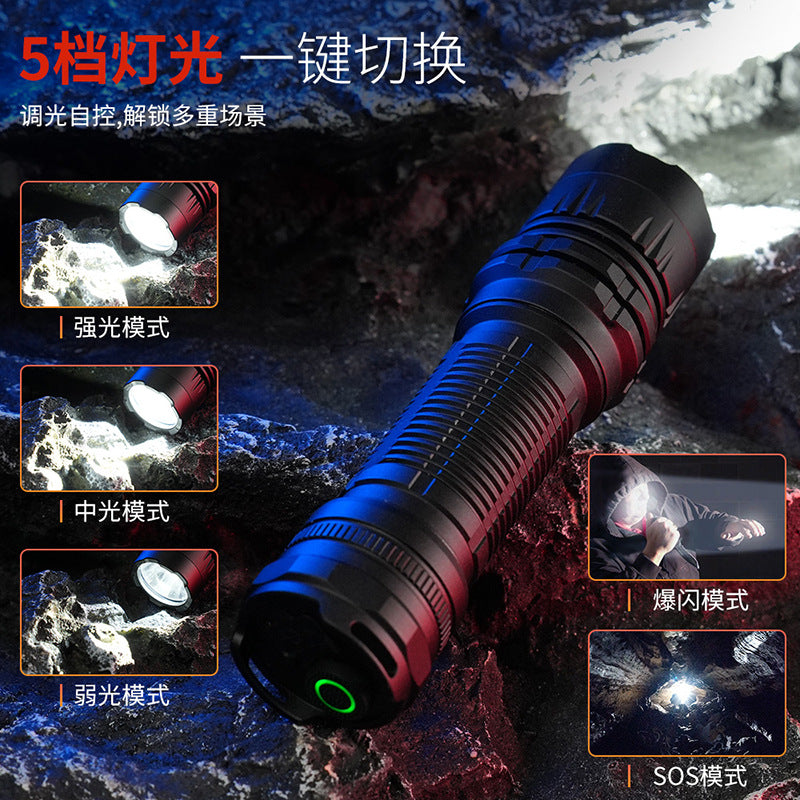 Cross-border flashlight strong light charging long-distance shooting outdoor long battery life 21700 battery convenient tactical flash flashlight