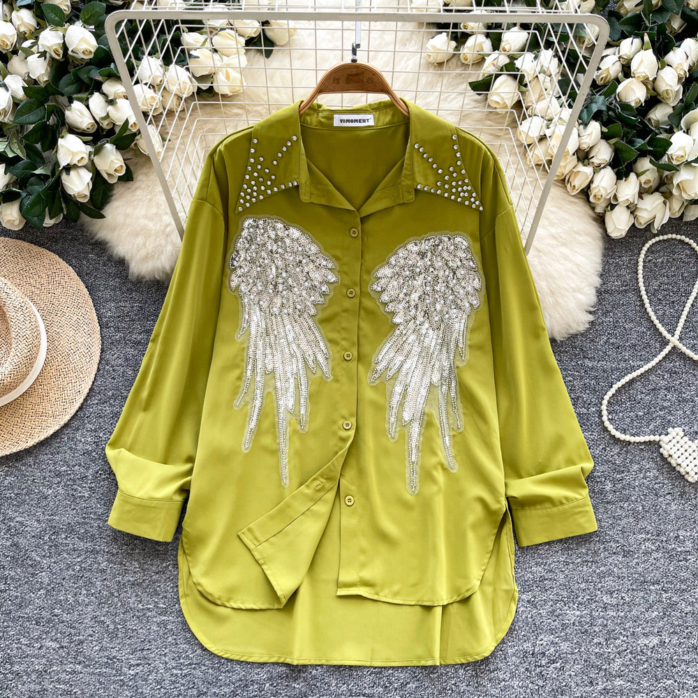 Classy heavy industry diamond-encrusted polo collar long sleevesshirt women's looseslimming lookcasualsequinembroider single-breasted tops