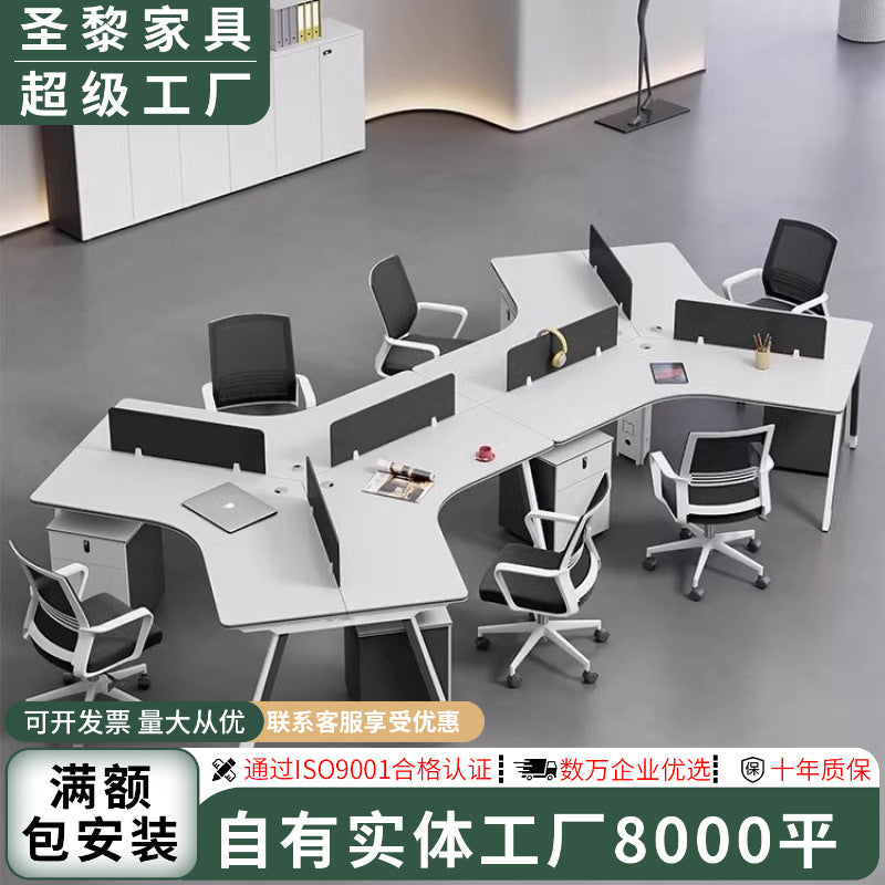 Steel frame asymmetrical creative three-person office desk and chair set, 6-seat employee workstation, minimalist modern computer desk