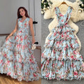 French floral sweet princess style dress - women's summer v-neck sleeveless high-waisted a-line maxi dress - commute chic
