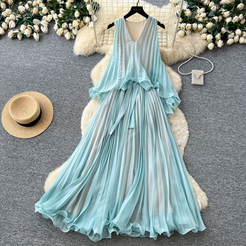 High-end resort style sleeveless halter dress for women, summer korean style, mint green, ruffle trim, pleated, elegant maxi dress