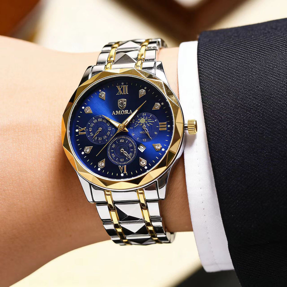 Dropshipping diamond-accented calendar multifunctional moon phase trendy fashion quartz men's watch waterproof luminous men's watch