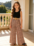 european and american style cross-border girls' solid color tank top + wide-leg pleated pants set with belt for older girls