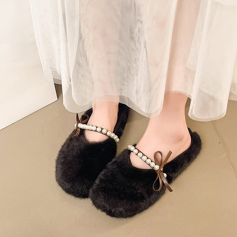 Plus size fairy style pearl half-sole flat slippers -  autumn korean style warm lazy bowknot fuzzy slippers