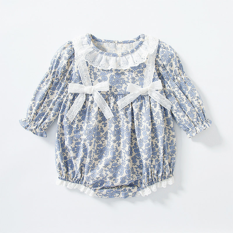 Baby crawling suit spring & falllace floral jumpsuit baby girl long sleeves triangular bag butt clothes pure cotton haha clothes for infants and children