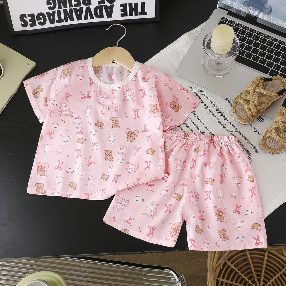 Summer children's cotton silk short-sleeve set: boys' loungewear, girls' cotton silk pajamas, baby air conditioning suit, wholesale children's clothing