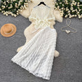 French chic lace v-neck two-piece set for women -  summer collection: tie-waist pleated skirt, slimming and elegant