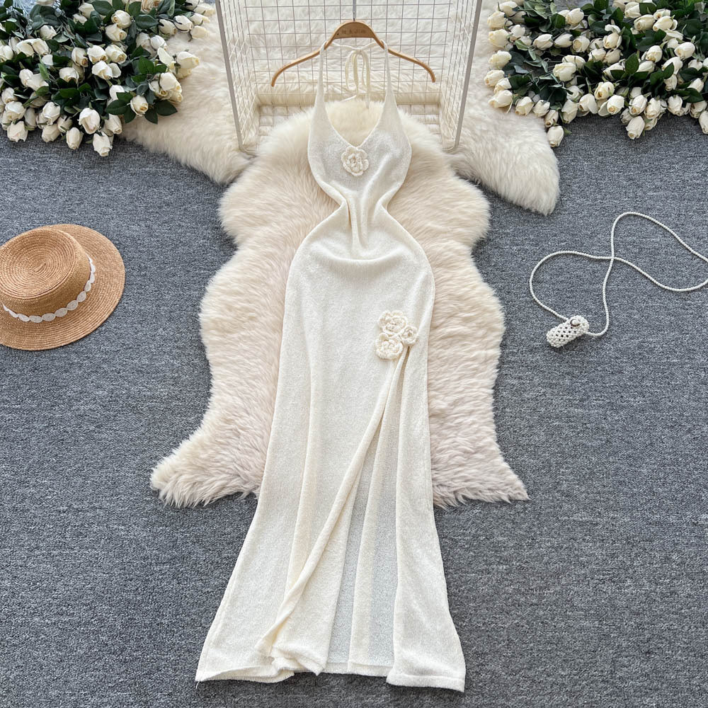 Fashionins pure lust hot girl halter suspender flower knittingdress female sense of design slit waist long skirt