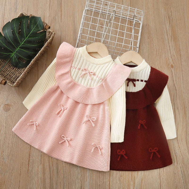 fall/winter new collection: girls' bowknot knit maxi dress - kids' sweater dress