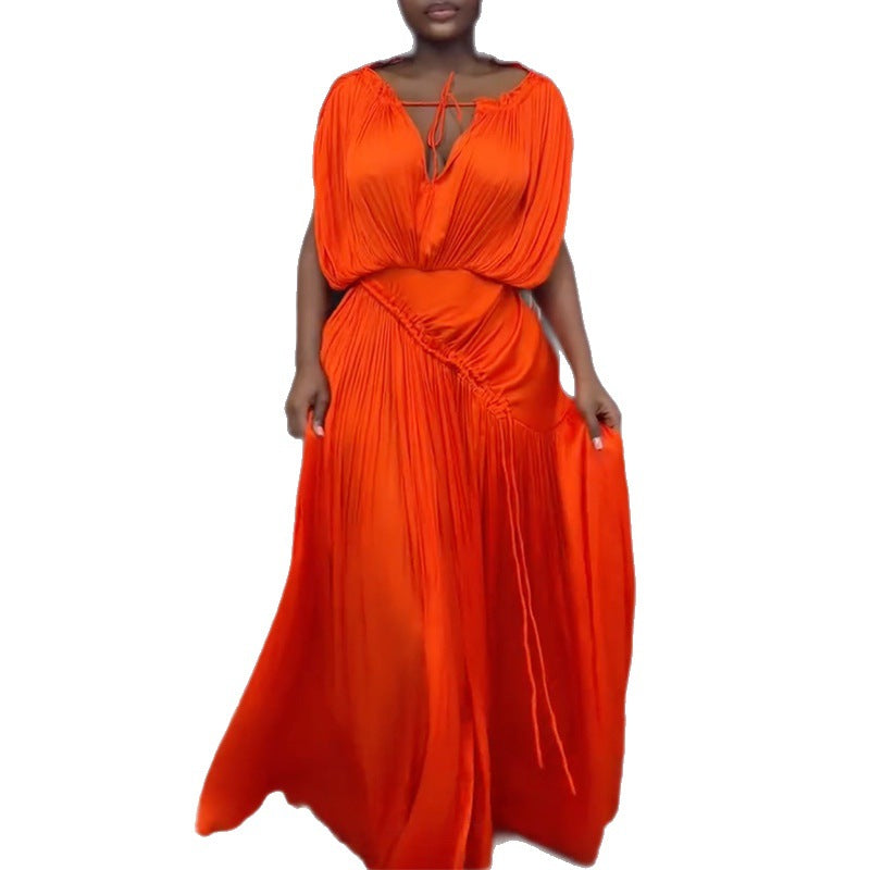 European and american cross-border women's fashion:  spring new arrival - elegant tie-waist ruched long sleeve solid color dress