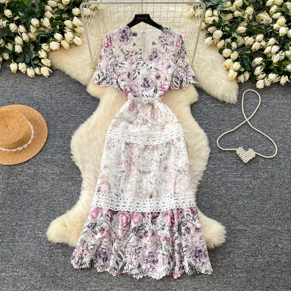 French retro v-neck lace cutout embroidered printed dress - women's cinched waist maxi dress - elegant and chic