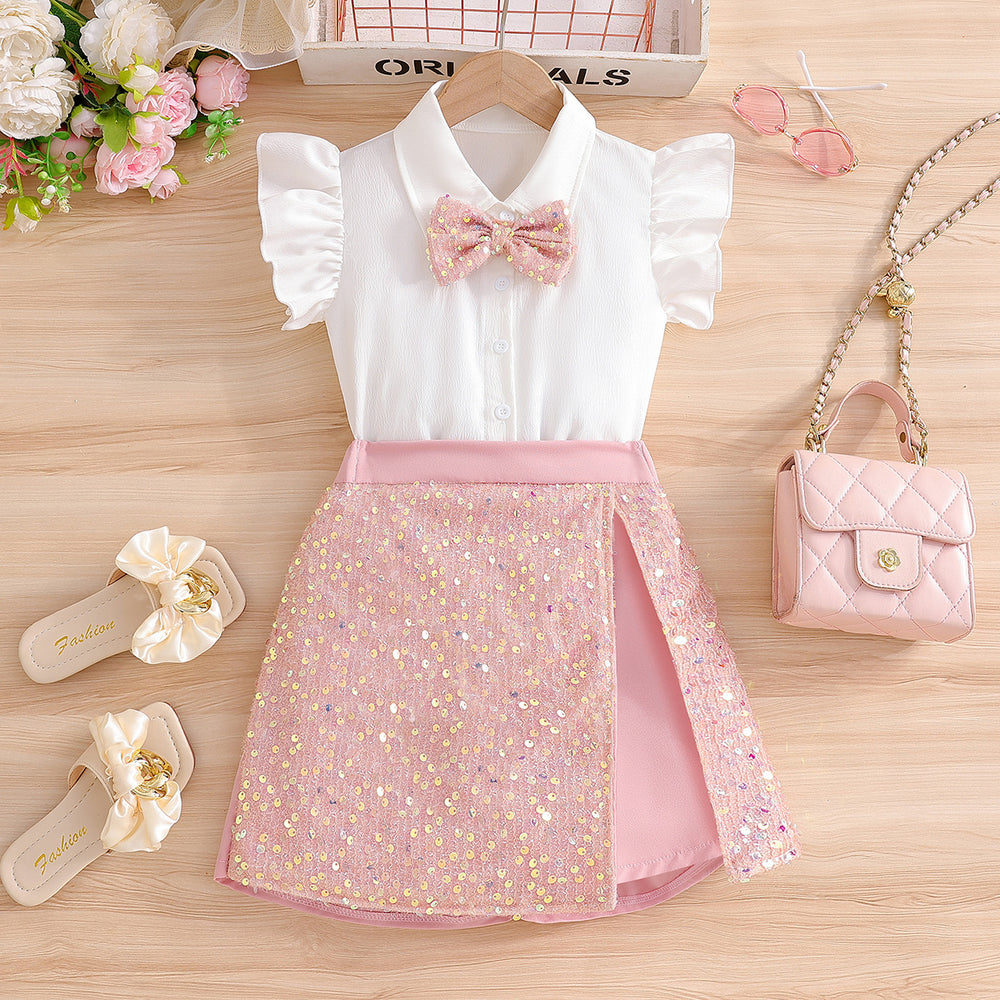 girls' summer skirt set: pink sequin skirt with flutter sleeves and bow tie – kids' sparkly skirt outfit