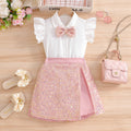 girls' summer skirt set: pink sequin skirt with flutter sleeves and bow tie – kids' sparkly skirt outfit