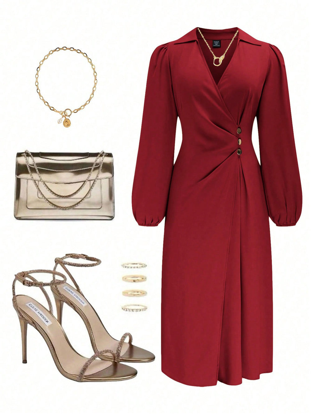 european and american plus size wine red lapel dress - v-neck wrap with twist detail, button closure, and lantern sleeves